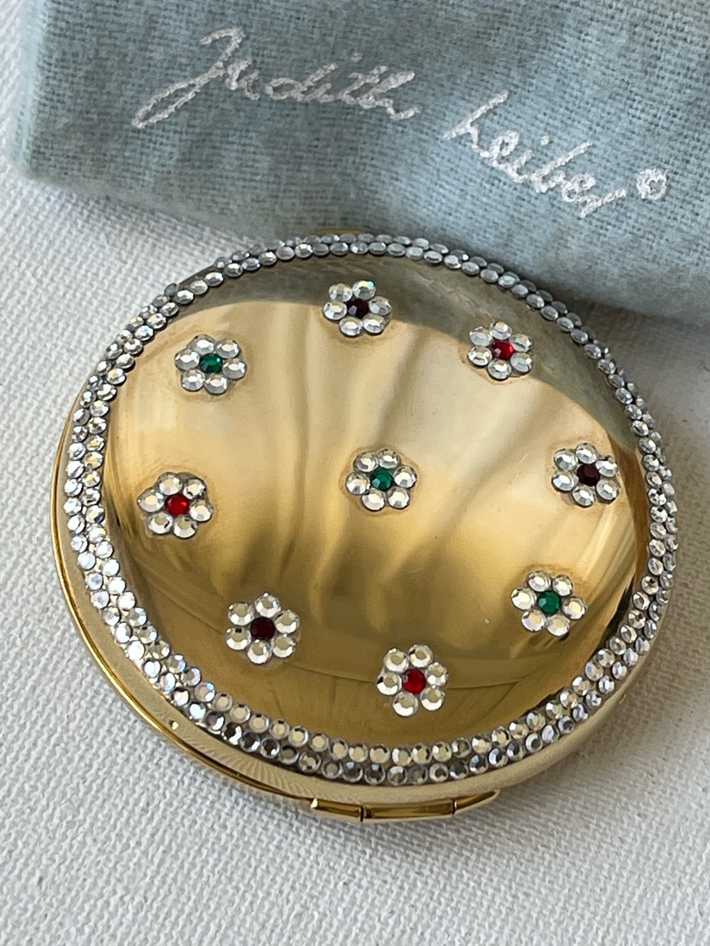Judith Leiber GOLD Crystal Floral Compact Mirror, EUC